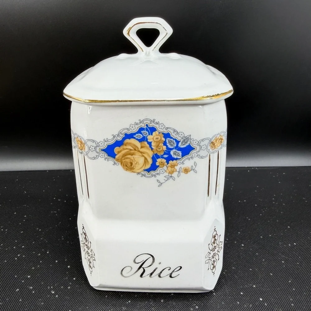 Victoria China Czechoslovakia Rice Canister Vintage Porcelain Blue Rose Floral
